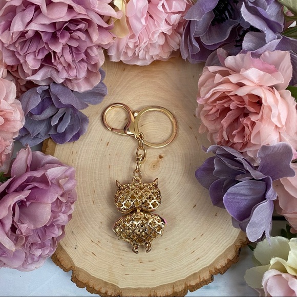 Hot Pink Crystal Owl on a Gold Keychain - Picture 9 of 12